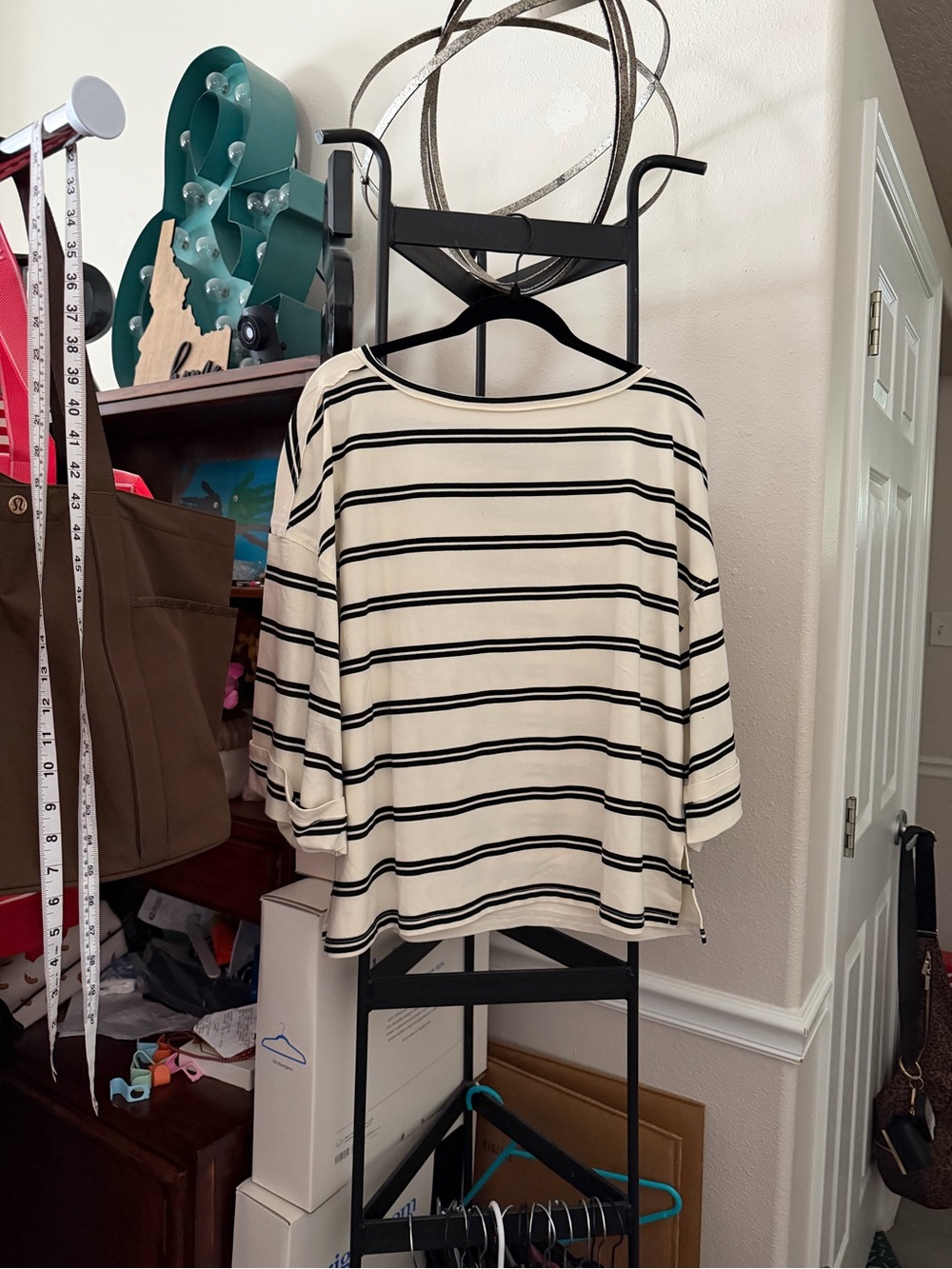 Striped Boatneck Women's Top - Cream with Black Stripes